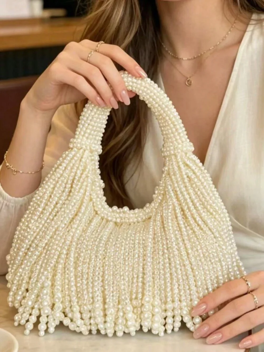 Beige Glamorous Women's  Faux Pearl Beads Bag